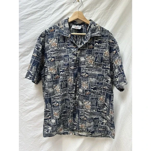 Mens Pacific Legend Hawaiian Aloha Sea Turtle Island Mosaic Camp Shirt Large