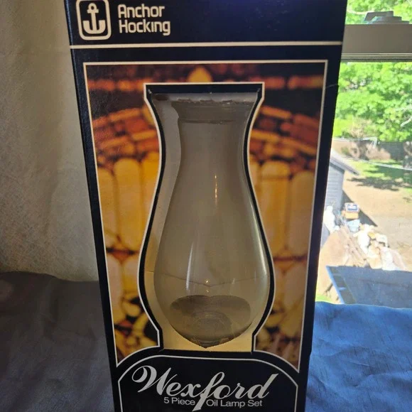 Vintage Anchor Hocking Wexford 5 Piece Oil Lamp Set In Box