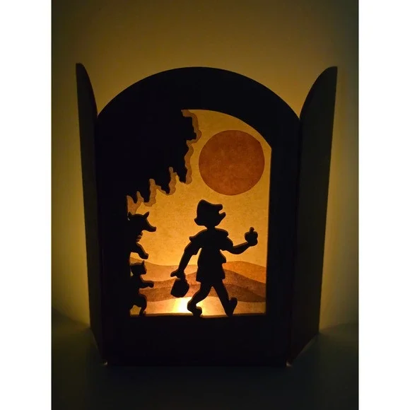 Handcrafted Wood storybook Silhouette Lantern‎ Screen Triptych tissue paper art