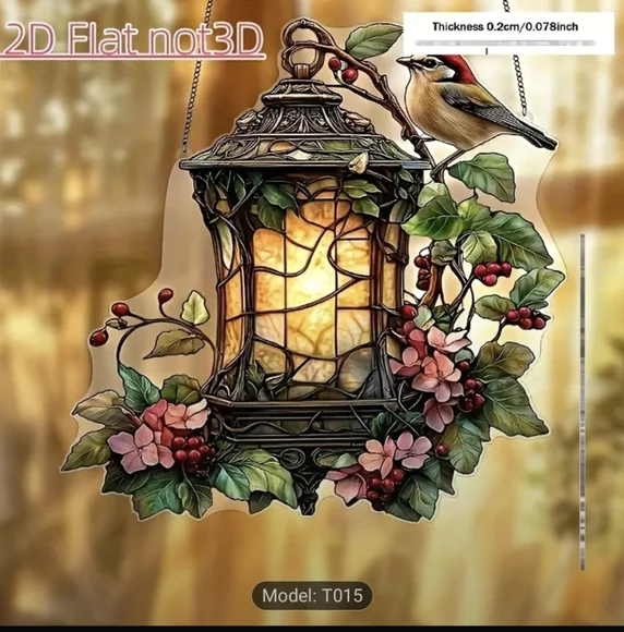 Lighted Lantern Acrylic Suncatcher with Bird and Floral Design