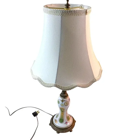 Vintage MCM French Porecelain Ornate Brass Table Lamp HandPainted Floral Motifs