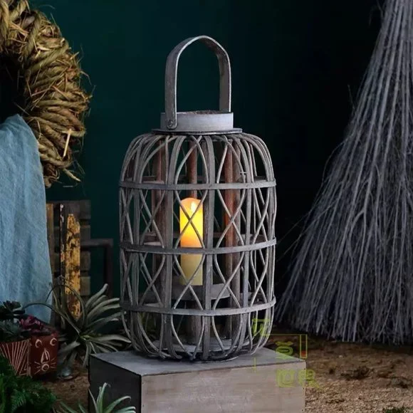 Rustic Farmhouse Decor Large Wooden Lantern Woven Willow
