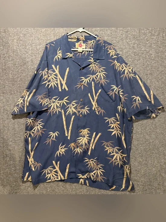 Hilo Hattie 100% Silk Hawaiian Shirt Mens 2XL Bamboo Graphic Button Up Tropical