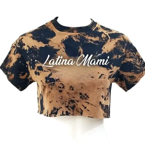 LATINA MAMI Acid Wash Distressed Cropped Crop Top Rock Tee Punk Rap Reworked y2k