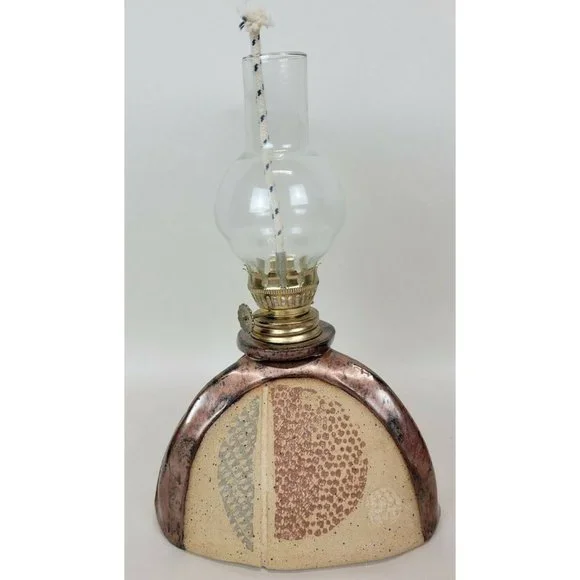 Stoneware Art Pottery Oil‎ Lamp Triangle Red Blue Circle Signed