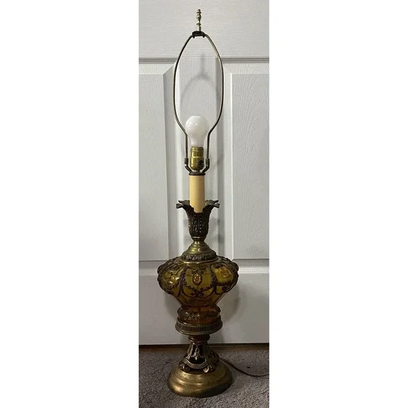 Vintage Amber Glass&Brass Table Lamp Falkenstein Hollywood Regency Jeweled Lamp
