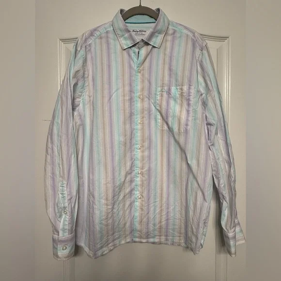 Tommy Bahama Pima Cotton Pastel Stripe Button Down M Hidden Collar Coastal