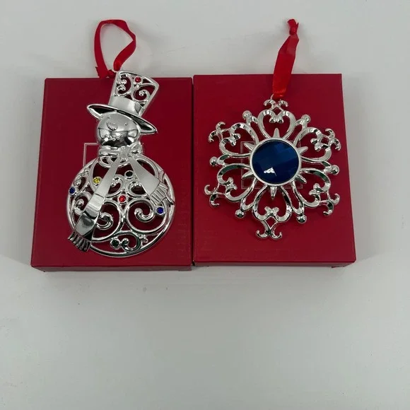 Lenox‎ 2 Bejeweled Silver plated Christmas ornaments snowman and snowflake