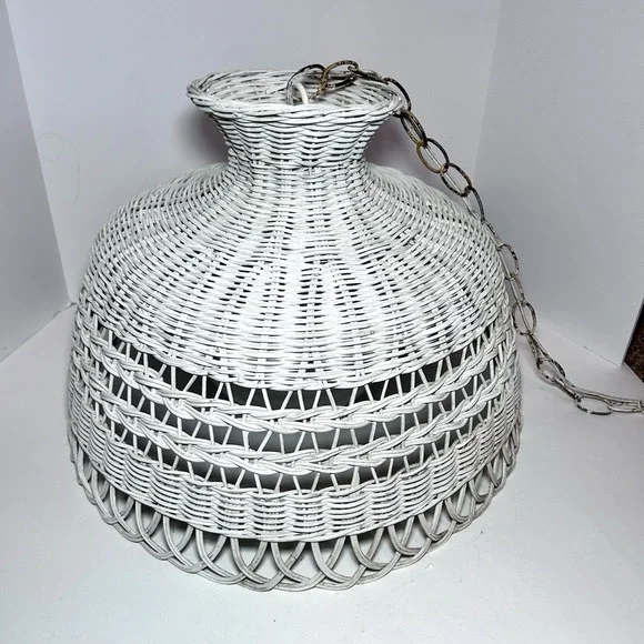 Vintage White Wicker Rattan Hanging Light Fixture Woven Shade Swag Lamp Retro
