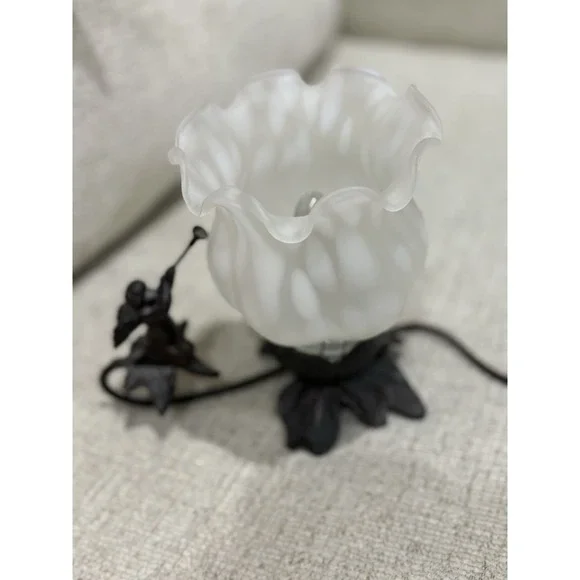 Bronze Cherub Accent Lamp Tulip Frosted Glass Shade Art Nouveau Style