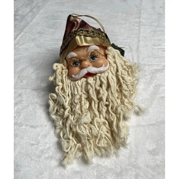 Santa Head Christmas Ornament Large Face‎ Mop Beard Handmade Homemade Vintage