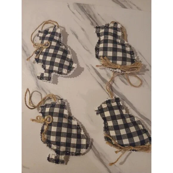 Christmas Ornaments Primitive Handmade Gift Plaid Cottage Chick - Set of 4