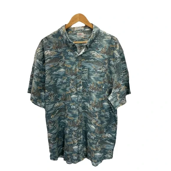 Faherty Men's XXL Breeze Camp Shirt Bears Blue Sht Sleeve Button Up Linen Blend