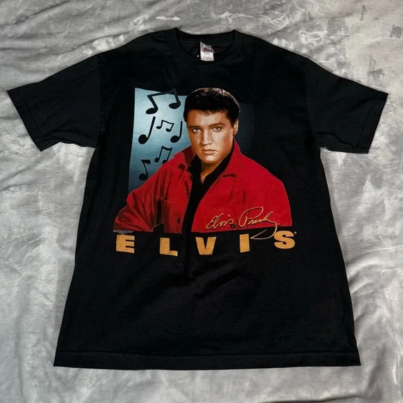 Vintage Elvis Presley Face T Shirt Mens L Slim Tall Fit Black 2002 Y2K