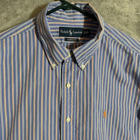 Ralph Lauren Shirt Mens XL Blue Orange‎ Striped Classic Fit SS Button Down