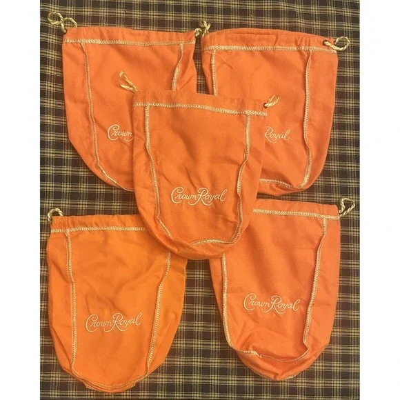 Crown Royal Orange Drawstring Bags Lot Of 5 Cloth Pouch Sack Set Liquor Whiskey