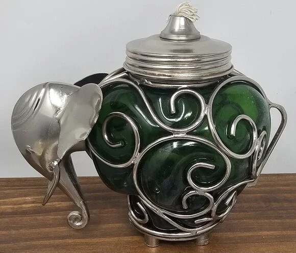 Beautiful Wisdom Of The Elephants Green Glass Boho Oil Lamp Displayed Only 7