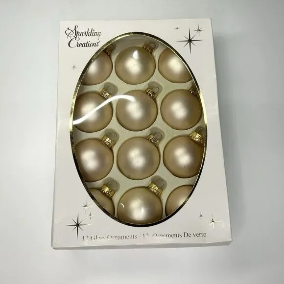 VTG 12ct Sparkling Creations Gold Cream Glass Small Christmas Ornaments 1.75”
