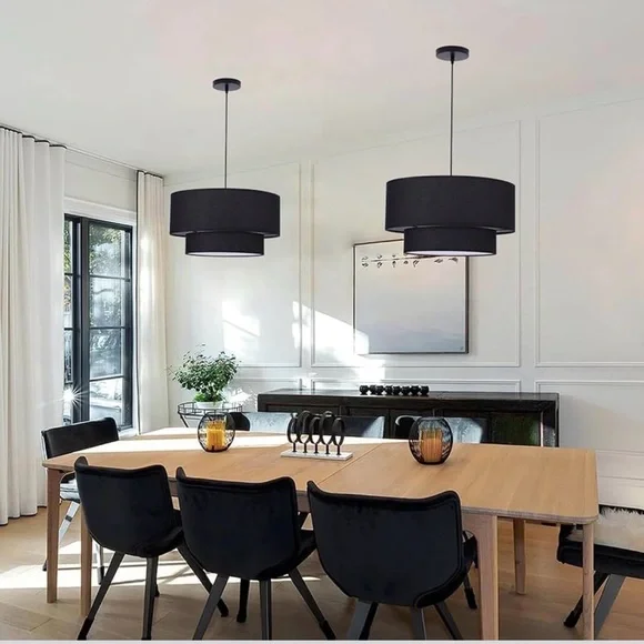 (NEW) 1 MINIMALIST Black Linen Light 18”x10” Modern Chandelier Fixture LIGHTING