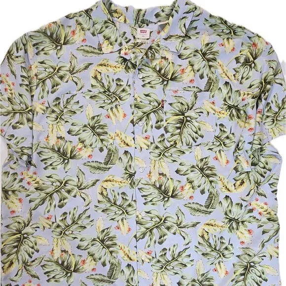 Levis Shirt Mens 2XL Blue Tropical Hawaiian Classic Camper Relaxed Fit Button Up