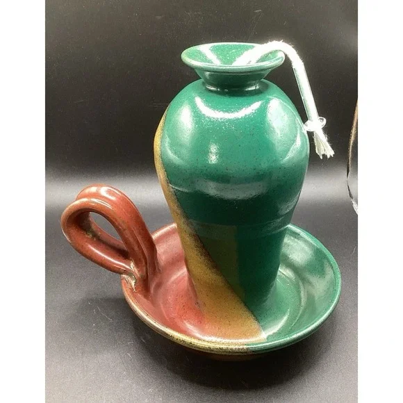 VTG Art Studio Pottery Oil Lamp Signed St. Myers's‎ Green, Tan & Red W/ Handle