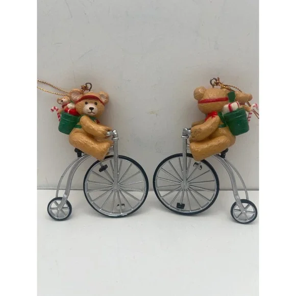 Teddy‎ Bear on Penny Farthing Bicycle Christmas Ornaments Set of 2
