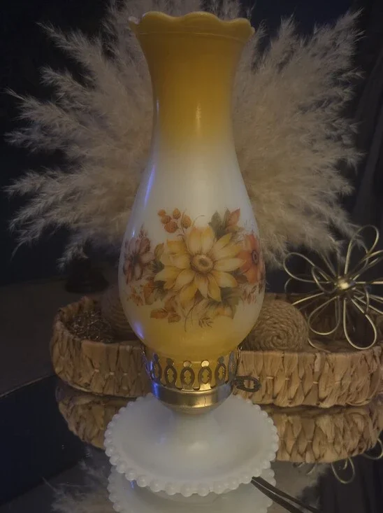 Vintage 70s Hand Painted Milk Glass Electric Hurricane Table | Boudoir Lamp