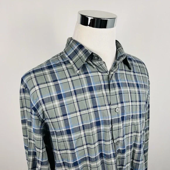 John Varvatos USA XL Casual Button Front Shirt Green Blue Plaid 100% Cotton