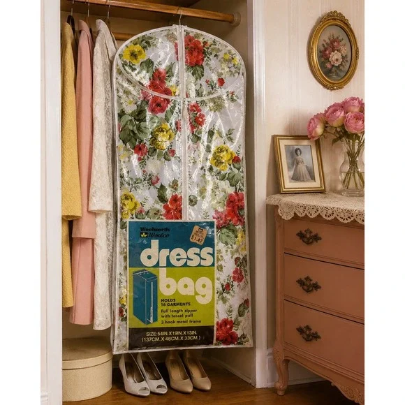 Vintage Woolworth‎ Floral Vinyl Dress Bag NOS Jumbo Garment Storage Cover Retro