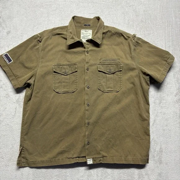 Vintage Abercrombie & Fitch Shirt Mens XL Green Twill SS Button Up Military Y2K