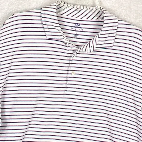 Peter Millar Polo Shirt Men L Blue Black Red 3D Striped Seaside Wash Performance