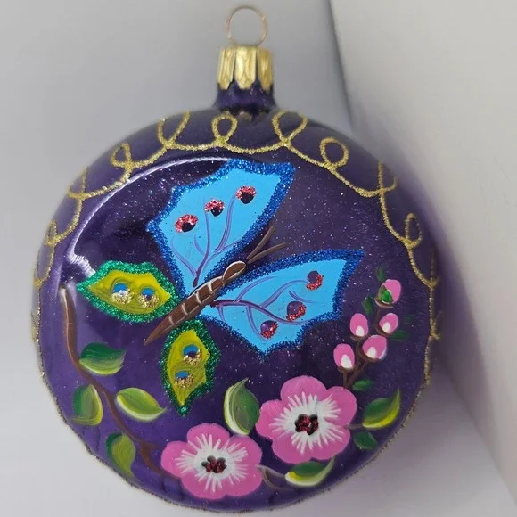Vintage Hand Painted Glass Christmas Ornament Purple Butterfly Floral Glitter 4
