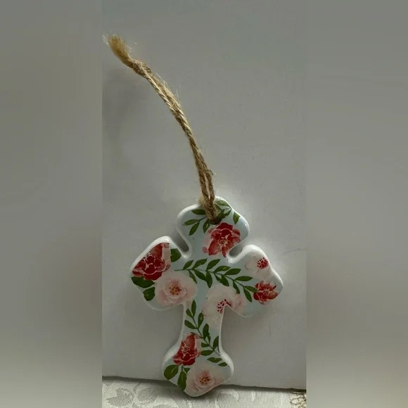 Floral Ceramic Cross Ornament