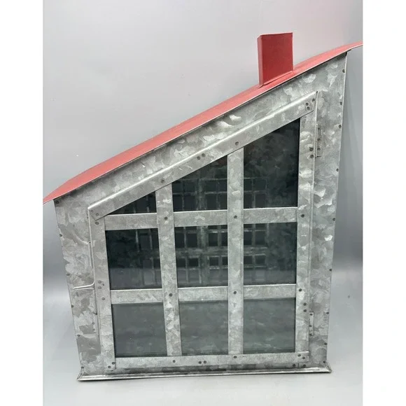 Galvanized Metal House Lantern Red Roof Chimney Window‎ Panes Rustic Farmhouse