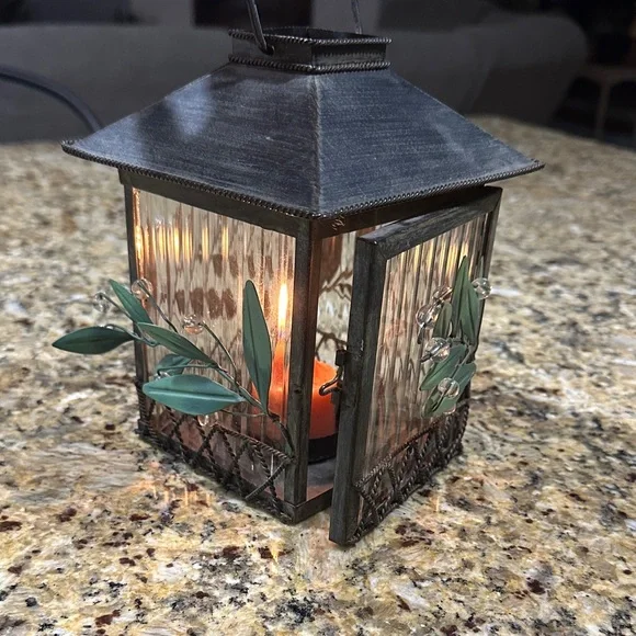 PartyLite Rustic Black Lantern with Green Metal Vines Candle Holder