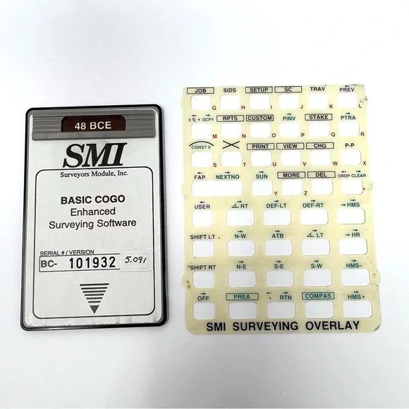 SMI 48 BCE Basic Cogo Enhanced Surveying Software Card & Overlay HP For 48SX Cal