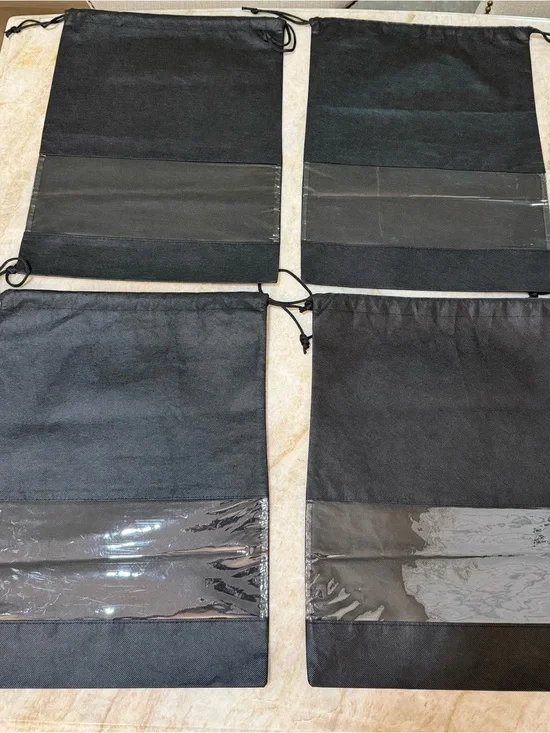 Set of 4 Black Drawstring Shoe Bags with Clear Window