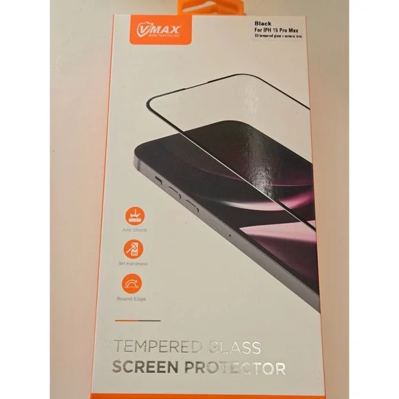 VMAX Black Tempered Glass Screen Protector for iPhone 15 Pro‎ Max 3D