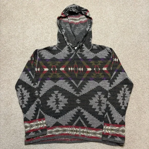 Denim & Supply Ralph Lauren Sweater Mens Medium Gray Hooded Aztec Knit Pullover