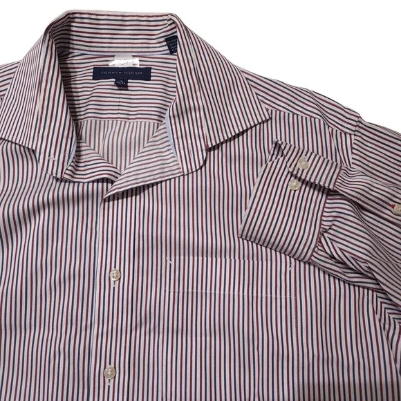 Tommy Hilfiger Dress Shirt Mens 16 32/33 Red Blue Stripe Classic Cotton