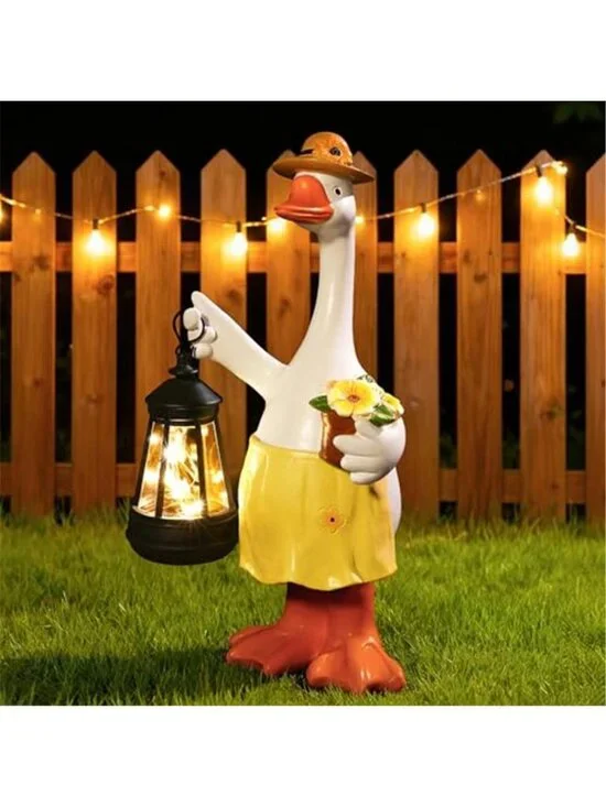 Goose Garden Statues Porch Statues with Solar Lantern Summer Yard Lawn