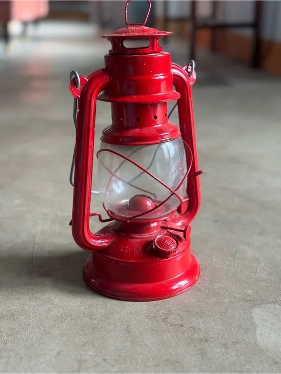 Red Vintage Real Oil Lantern with Handle Used and Rare