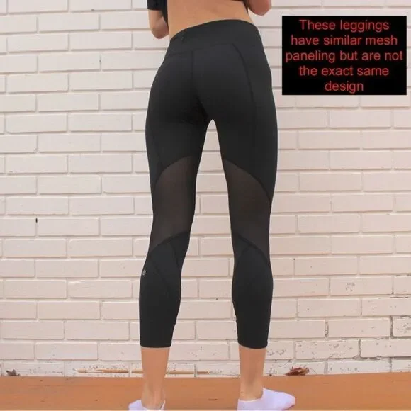 Lululemon Cropped Leggings-Black-Mesh Panels on Legs-Zippered Pockets-Size 8