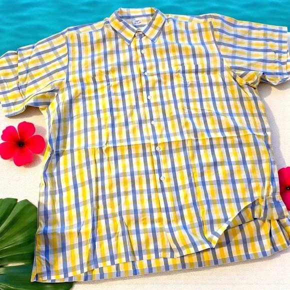 Vintage‎ Maus & Hoffman Cabana Shirt XXL Blue Yellow Check Cotton 80s 59