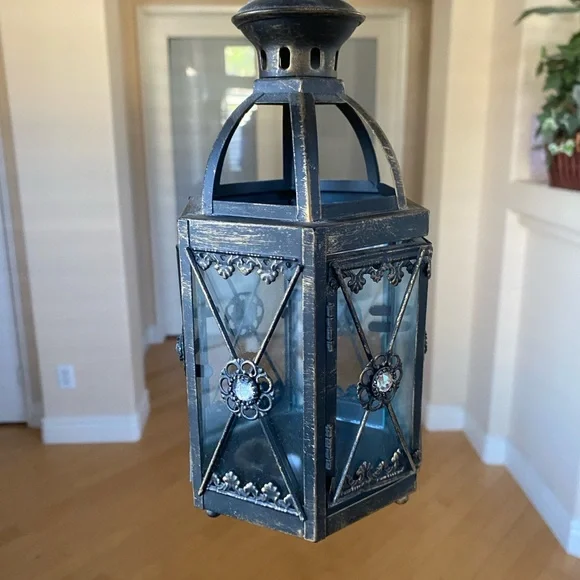 Vintage Candle Holder Black and Gold Lantern With Embellishment