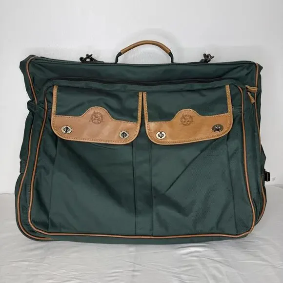 Eddie Bauer Garment Bag Green Nylon Leather Trim Travel Suit Carrier Luggage