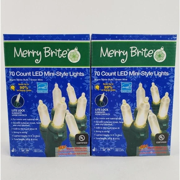 2 Merry Brite 70 Ct LED Mini Warm White Lights Christmas Green Wire Patio Decor