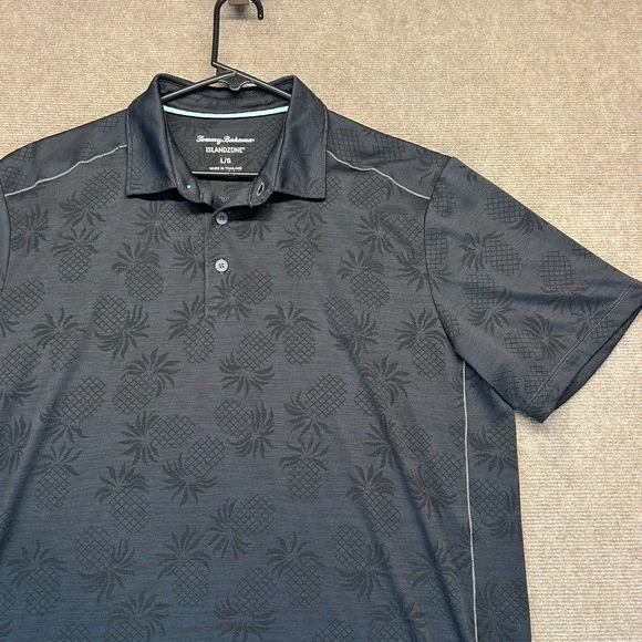 Tommy Bahama Islandzone Polo Shirt Men's Large Short Sleeve Gray Pineapple AOP