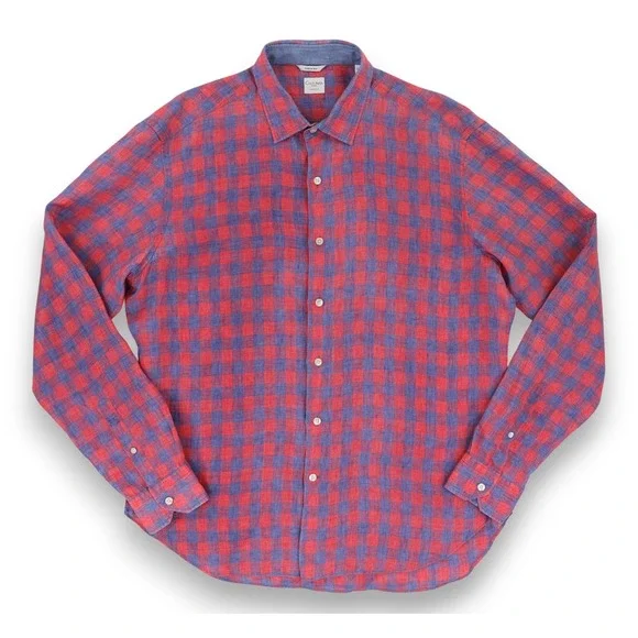 Culturata Shirt Mens XL Red Blue Check Linen Button Up Long Sleeve Made in Italy