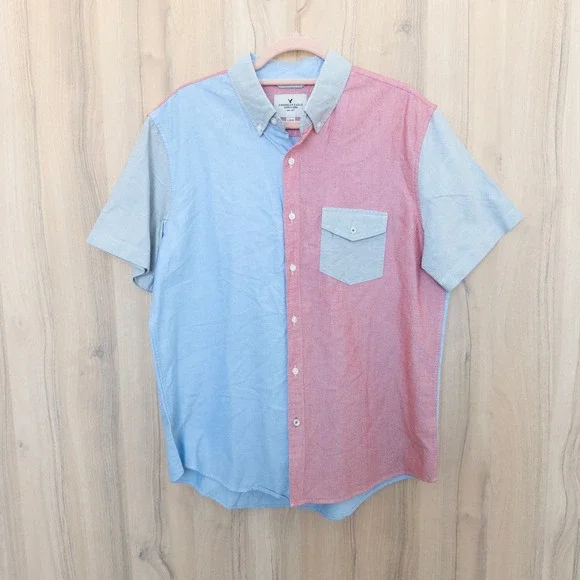 American Eagle Mens Chambray Button Down L Blue Pink Colorblock‎ Preppy Coastal